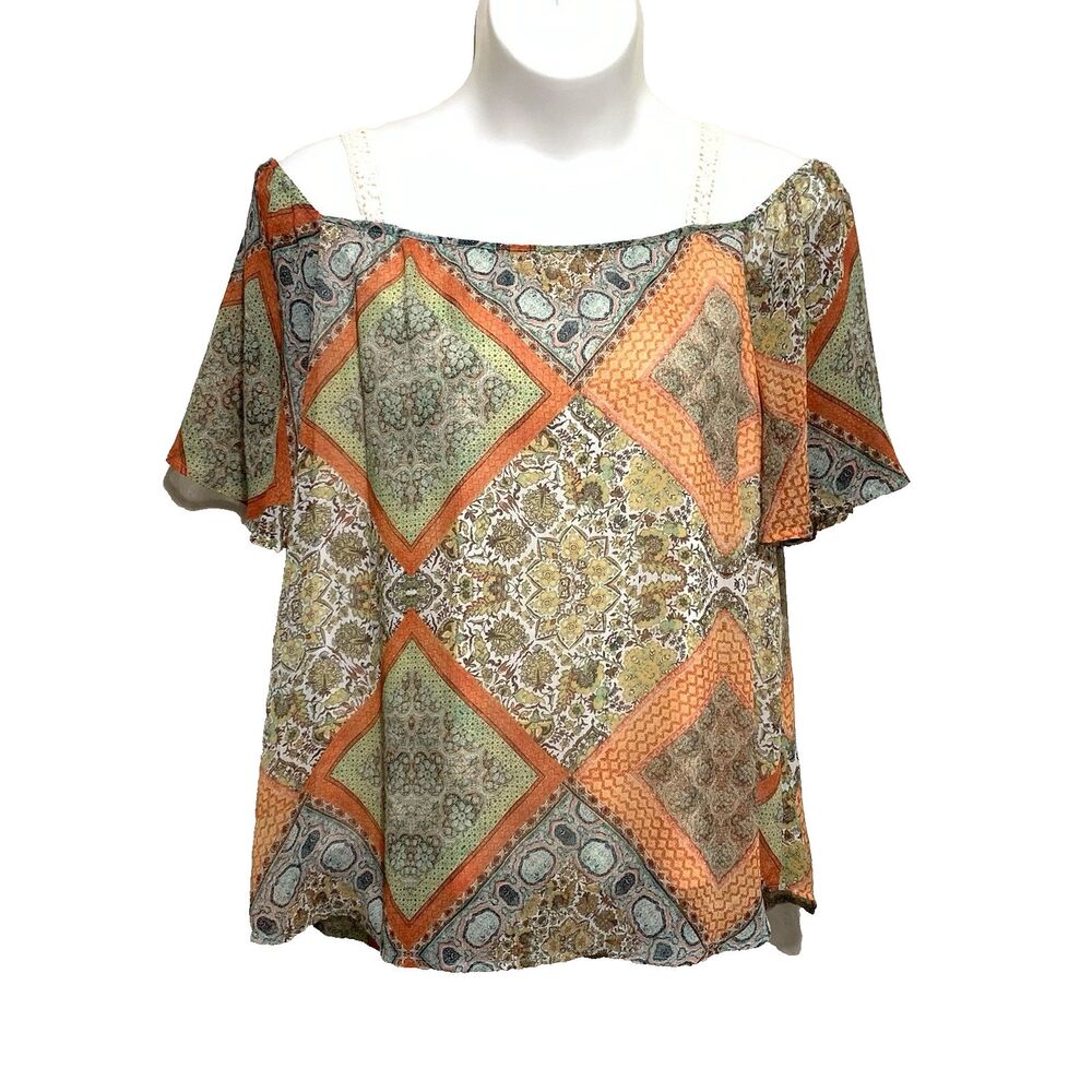 Westport 1962 Cold Shoulder Top Womens Sz 2X Multicolor Patchwork Pattern Lined